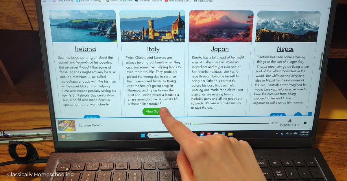 Homeschool geography lesson using screen-free audio stories about world cultures